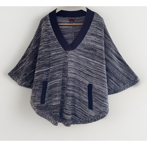 Elliott‎ Lauren Poncho Cape Sweater LARGE V-Neck Wool Blend Striped Marled Blue - Picture 1 of 5